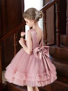 Tween Girl Pink Cake Skirt With Big Bow, Tutu Skirt, Party Dress For Birthday - 粉色 - 查看 1