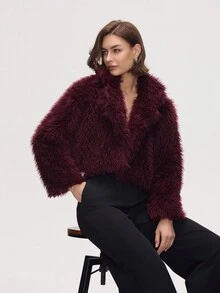 Chaqueta corta de imitación de piel elegante para otoño/invierno - vino tinto - Ver 4