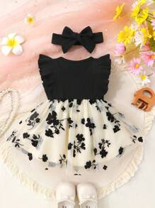 2pcs Set, Casual Elegant Sweet Cute Baby Girl Dress, Soft & Comfortable, Bow Decor Ruffle Hem Floral Embroidery Mesh Princess Dress & Headband Set, Baby Girl Clothing, Toddler Girl Outfit, Suitable For Daily Wear, Vacation, Party, Photography