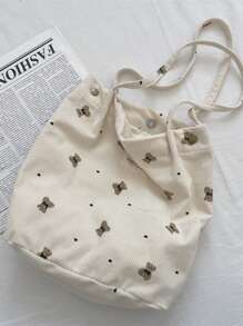 Cartoon Bear Printed Corduroy Large Capacity Tote Shoulder Bag For Students, Underarm Bag