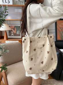 Cartoon Bear Printed Corduroy Large Capacity Tote Shoulder Bag For Students, Underarm Bag