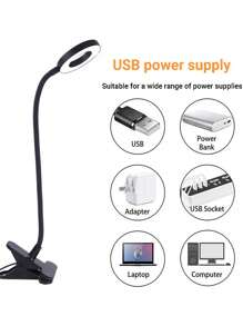 LED-bureaulamp met klemlamp met 3 kleurmodi, 10 helderheidsringen/klemlampen, 360° flexibele zwanenhals, dimbaar, oogbescherming, bureaulamp, USB-bureaulampen voor thuis, op kantoor, in de slaapkamer, in de kamer, om te lezen en te leren (zwart)