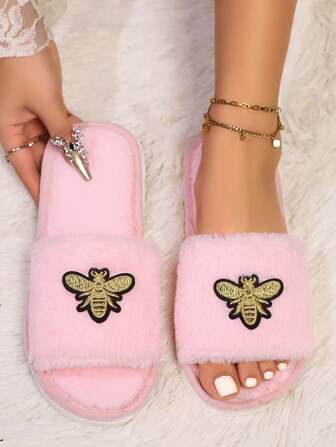 新款卡通蜜蜂刺绣男女通用毛绒拖鞋，柔软舒适软底，轻便，适合客厅和卧室，四季皆宜
