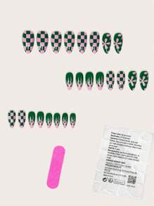 用 24 片短杏仁形按压式假凝胶指甲增添一丝浪漫气息，别致优雅的粉绿色碰撞棋盘格经典节日装扮指甲经典时尚圣帕特里克节粉绿色花朵碰撞火焰假指甲套装全覆盖假指甲适合女性和女孩，包括 1 片粘性标签和 1 片迷你锉刀条果冻凝胶随机发货 - 彩色 - 查看 3