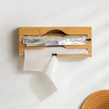 2 Fächer Küchenfolie Spender mit Alufolie Schneidebox, Bambus Frischhalte-Tüten Schneidhalter, Mehrzweck Frischhalte-Tüten Organizer Küchenhelfer