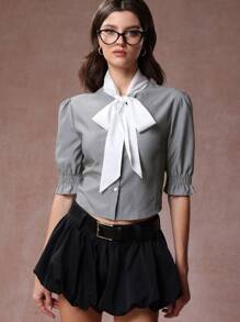 Women Striped Tie Collar Bow Short Sleeve Casual Shirt, Office/Work Wear, Spring - Grey - View 3