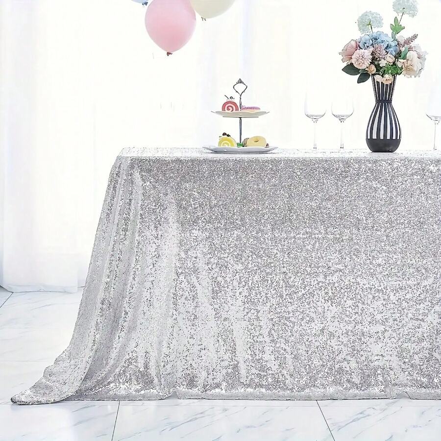 eluckya Sparkling Sequined Tablecloth, 60x102 Inches, Rectangular/Round Sequined Tablecloth, Perfect For Valentine's Day, Birthday Parties, Kitchens, Wedding Supplies, Table Decorations, Home Décor, Bridal Showers, Christmas Decorations, New Year Decorations, Wedding Decor, Party Supplies, Baby Showers, Bachelorette Parties, And More. - 銀色 - 查看 1