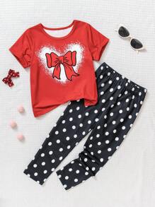 1 Set de camiseta casual roja con lazo + pantalones a lunares negro y blanco para niña, estampado de lunares a la moda, estampado de lazo, estilo vibrante, nuevo conjunto de niña para verano, apropiado para uso diario, juegos al aire libre, actividades padres-hijos, talla para niñas de 4 a 7 años, primavera y verano - Rojo - Ver 1