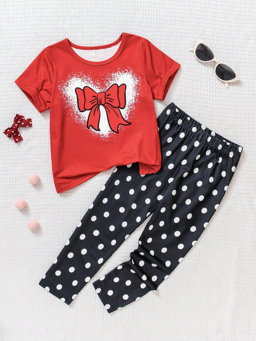 1 Set de camiseta casual roja con lazo + pantalones a lunares negro y blanco para niña, estampado de lunares a la moda, estampado de lazo, estilo vibrante, nuevo conjunto de niña para verano, apropiado para uso diario, juegos al aire libre, actividades padres-hijos, talla para niñas de 4 a 7 años, primavera y verano - Rojo - Ver 1