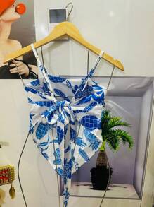 Belala Moda New Vest With Adjustable String And Print - Blue and White - View 2
