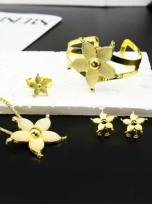 5 stuks/set Midden-Oosterse stijl gouden bloemen ketting, ring, armband, oorbellen bruidssieradenset