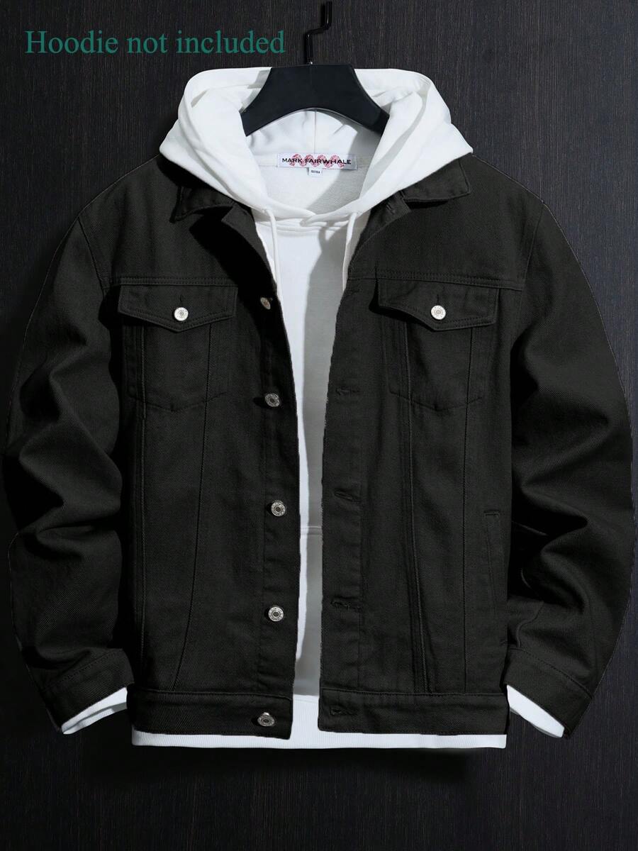 Pink&Black Denim Jacket Men - Y2K Aesthetic, Hoodie Layered Look- Retro Streetwear, Spring/Summer Essential - Free, Clean Casual Style - Preppy Vibe, Campus Fashion - 黑色 - 查看 1