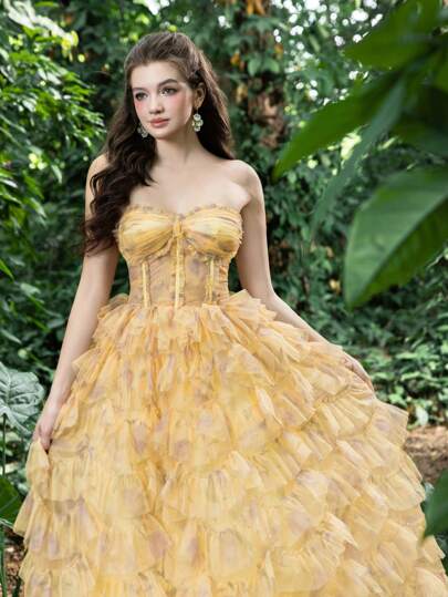 Elegant Strapless Floral Tulle Cascading Ruffle Hem Cake Graduation Dress - Formal Dress For Back To School, Gathering, Graduation Prom | Birthday Women Outfits,Party Dress
