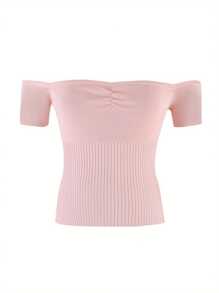 Women's Off Shoulder Knit Tops Short Sleeve Solid Color Ruched Front Slim Fit T-Shirts Dressy Shirts - Pink - View 6