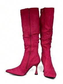 Botas altas para mujer de otoño e invierno 2025, color rosa, tacones de aguja puntiagudos con pliegues, apropiadas para volver al colegio, el Día de San Valentín, citas, fiestas y compras - magenta - Ver 4