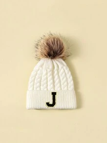 1pc Kids Letter Fuzzy Ball Beanie Hat, Winter - White - View 58
