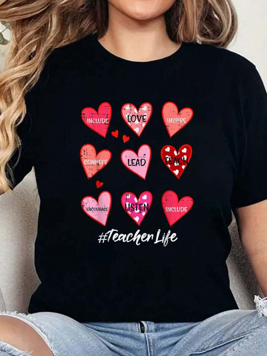 100% Cotton Valentines Teacher Life Hearts Love Lead Teach Listen Women T-Shirt Print Round Neck Short Sleeve T-Shirt For Women Casual, Summer, Women Top Graphic Tees Women Tops - 黑色 - 查看 1
