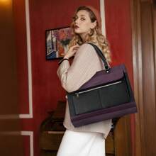 Laptop Bag For Women 15.6 Inch Laptop Tote Bag Business Office Work Bag Professional Briefcase Waterproof Leather PU Computer Bag Teacher Shoulder Bag Handbag - 紫拼黑 - 查看 2