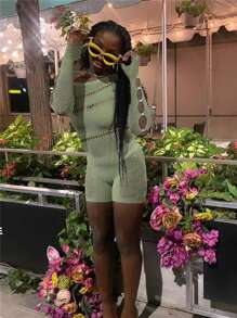 情趣内衣高针加厚女士性感连衣裙欧美斜肩长袖网纱上衣美甲钻连体衣大码 - 青綠色 - 查看 4