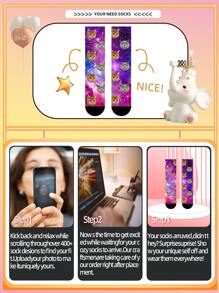 1 Pair Customized Face Women's Mid-Calf Socks, 'Put Any Face On Socks', Photo Printed Sky Cat Personalized Socks, Funny Custom Picture Couple Long Socks, Suitable For Valentine's Day, Birthday Gifts And Other Occasions