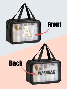 1 pièce Grand sac de toilette transparent de voyage à grande capacité, sac de maquillage portatif dépoli et imperméable, sac de lavage multifonctionnel avec 26 lettres à bord doré pour une combinaison libre, indispensable pour croisière, plage, vacances, salle de bain, camp d'été, décoration de salle de bain, organisateur de maquillage, accessoires de salle de bain, rentrée scolaire