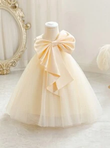 Baby Girls' Champagne Bow Christmas Party Dress, Elegant Princess Tulle Gown, Suitable For 1st Birthday, Wedding, Banquet, Holiday Celebration