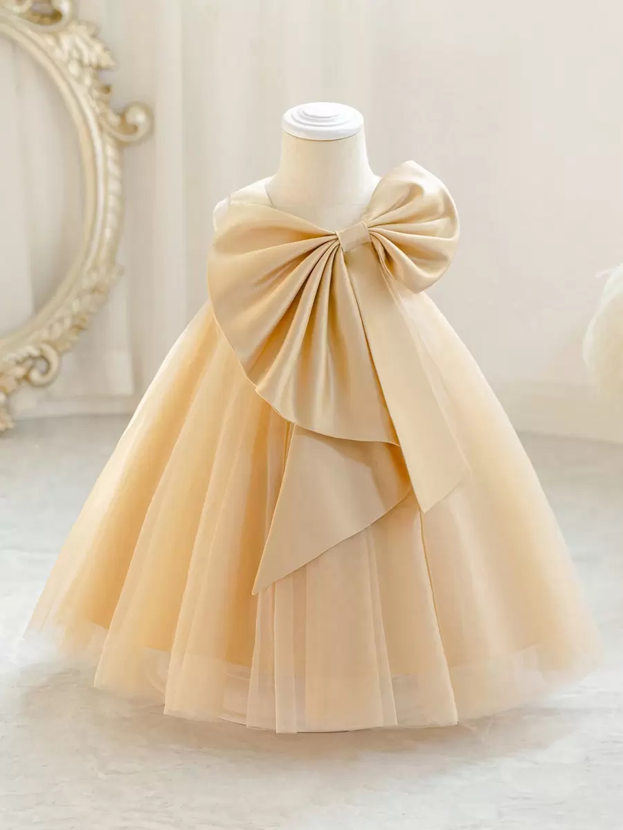 Baby Girls Gold Bow Christmas Party Dress, Elegant Princess Tulle Gown, Suitable For 1st Birthday, Wedding, Banquet, Holiday Celebration - Khaki - View 1