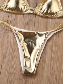 Womenacute;S Solid Color Sexy Bikini Set Shine Gold Bra And Low-Rise Triangle Shorts Swimming Suit - Vàng - Xem 6