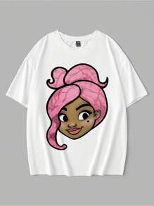 Casual Bow Decor Portrait Graphic Loose Fit Round Neck Short Sleeve T-Shirt For Women, Suitable For Summer