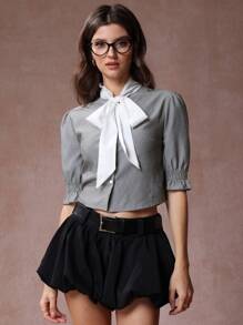 Women Striped Tie Collar Bow Short Sleeve Casual Shirt, Office/Work Wear, Spring - Grey - View 7