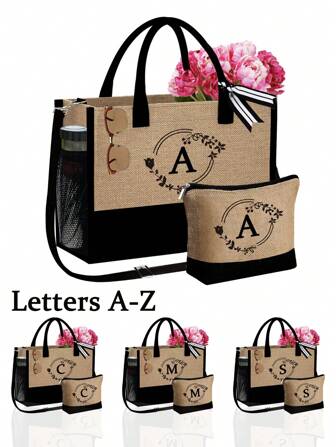 首字母帆布手提包，配有化妆收纳袋、洗漱包、钱包、个性化礼品袋、时尚个性化手提包、春夏产品女士休闲购物单肩包，非常适合海滩度假、旅行和度假必需品