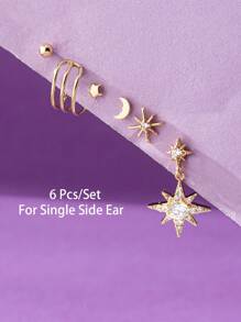6 Pairs Golden Color Star Moon Stud Earrings Set Luxurious Zirconia Crystal Starlight Earring Metal Wire Cuff Earring Stacked Earrings Pack For Single Side Ear Women Y2K Jewelry