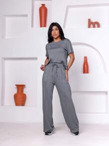 Women's Set Of Wide Leg Pants And Comfortable Sweatshirt Top Summer - 灰色 - 查看 2