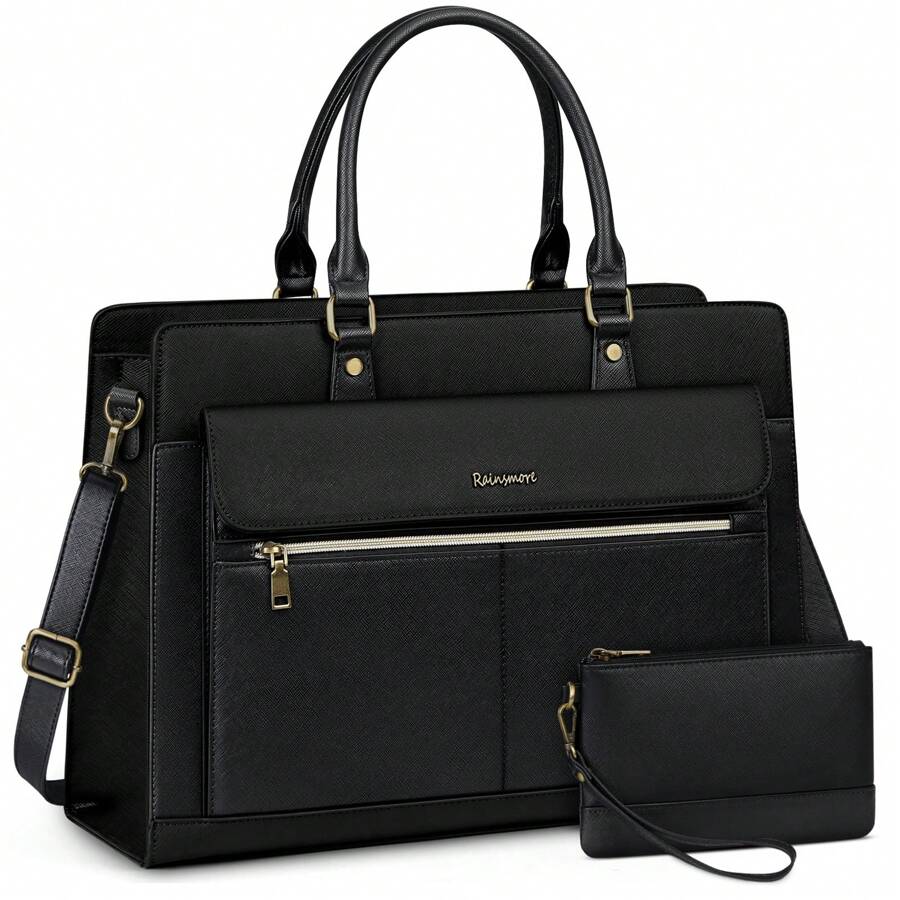 Laptop Bag For Women 15.6 Inch Laptop Tote Bag Business Office Work Bag Professional Briefcase Waterproof Leather PU Computer Bag Teacher Shoulder Bag Handbag - 黑色 - 查看 1