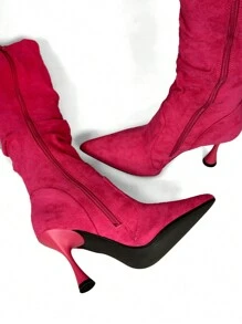 Botas altas para mujer de otoño e invierno 2025, color rosa, tacones de aguja puntiagudos con pliegues, apropiadas para volver al colegio, el Día de San Valentín, citas, fiestas y compras - magenta - Ver 2