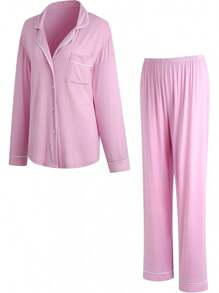 Women Pajamas Set Button Down Sleepwear Nightwear Long Pants Pj Set S-XXL RHW4013-E - 粉紅色(針織) - 查看 2