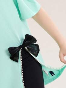 ASK JUNIOR Tween Girls Gola Redonda Manga Curta Estampa de Letras Decoração de Laço Camiseta/Camisa Polo - Verde - Ver 10