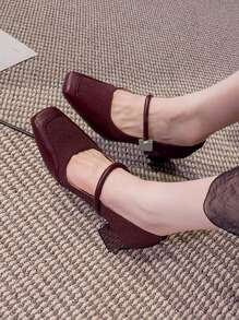 Women's Metal Buckle Decor Strap Hook And Loop Closure Square Toe Block Heel Pumps, Elegant Casual Shoes For Spring/Autumn, Holiday, Date, Fashion, Black, Burgundy, Beige - Burgundy - View 7