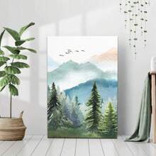 1 Pc Framed Watercolor Green Forest Tree Mountain Range Nature Wall Art Canvas Poster Painting Wall Decor For Bedroom Living Room