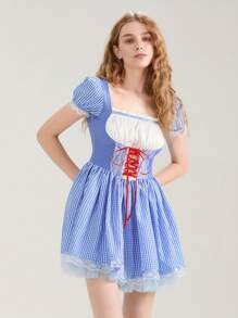 Women Cosplay Dress, Short Sleeve Square Neck Lace Patchwork Plaid Mini Dress Halloween A-Line Dress