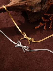 1pc Delicate Sweet Bow & Snake Bone Chain Bracelet, Gold Plated Stainless Steel, Valentine Gift, Women Jewelry Gift,Mom,Mother,Mother's Day,Gift - Multicolor - View 3