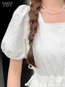 White Sweet Casual Jacquard Square Collar Puff Sleeve Drawstring Adjustable Waist Mid-Length Dress, Summer