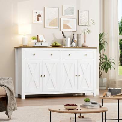 Furchen Credenza da cucina con piano di lavoro, mobile da cucina, mobile da buffet, mobile da cucina, credenza da sala da pranzo, mobile da soggiorno con 2 cassetti, 4 ante, ripiani regolabili, bianco, 140x40x89 cm