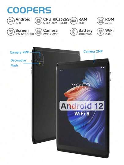 Coopers CP81 Android 平板电脑 8 英寸 WiFi 平板电脑，Android 12/RK3326S 4 核 1.5Ghz/2GB RAM 32GB ROM/1280x800 IPS 高清触摸屏/2MP+2MP 双摄像头/2.4G WiFi/BT 4.0/4000mAh 电池/支持 512GB SD 扩展（无适配器）