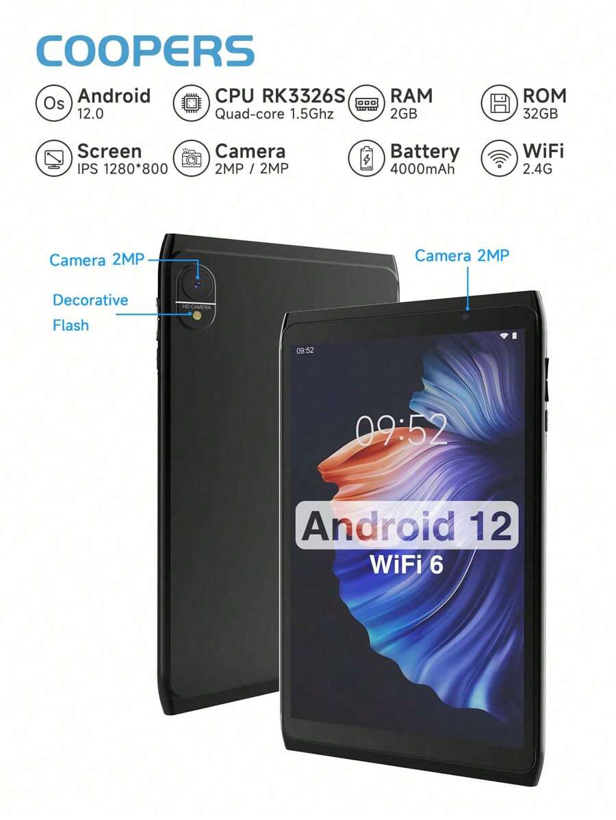 Coopers CP81 Android 平板电脑 8 英寸 WiFi 平板电脑，Android 12/RK3326S 4 核 1.5Ghz/2GB RAM 32GB ROM/1280x800 IPS 高清触摸屏/2MP+2MP 双摄像头/2.4G WiFi/BT 4.0/4000mAh 电池/支持 512GB SD 扩展（无适配器） - 黑色 - 查看 1
