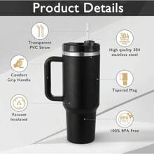 40 Oz Stainless Steel Pearl The Tumbler Stainless Steel Water Bottle Double Wall Vacuum Insulated Portable Drinking Cup Travel Iced Coffee Mug Summer Drinkware With Handle And Straw, Perfect For Travel, Home, Office, Summer Sips, Ice Drinks & Hot Drinks - 黑色 - 查看 2