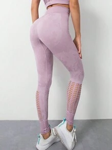 Leggings deportivos para uso diario de mujeres con detalles calados - Rosa - Ver 3