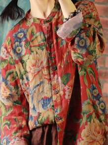 Plus Size Vintage Printed Shirt Women's Tops - Red - View 1