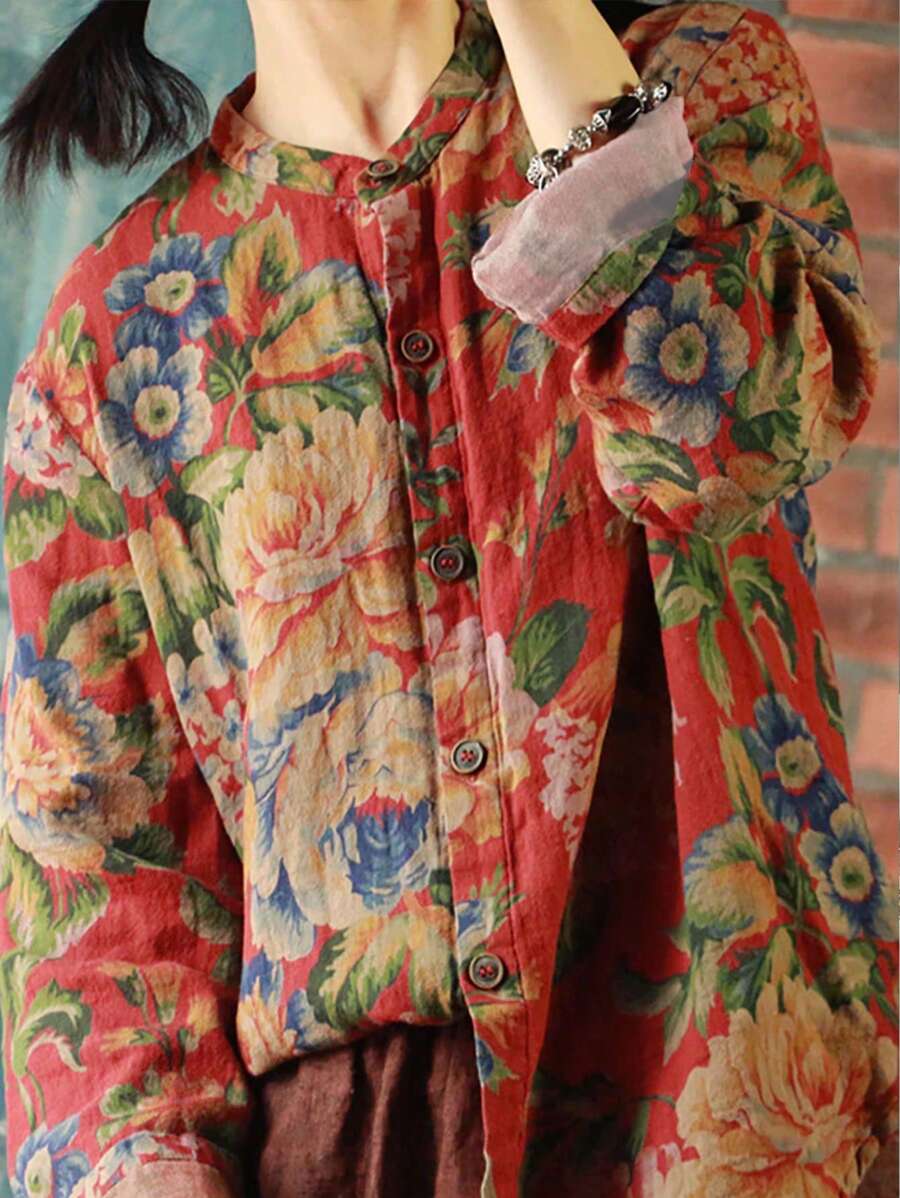 Plus Size Vintage Printed Shirt Women's Tops - Red - View 1