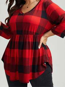 Women's Spring Autumn Oversized Tops Plus Size Seven Sleeves V Neck Plaid Print Loose Plus Size Blouse, L-6XL - Đỏ - Xem 3